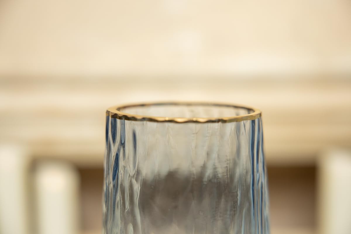 Cylinder Glass Vase with Gold Rim, for Flowers (Blue)