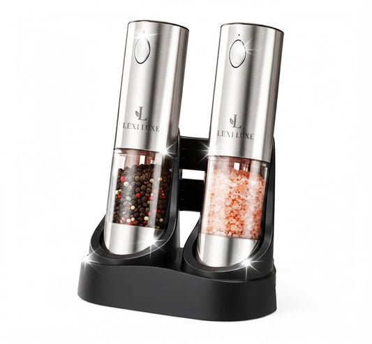 Electric Salt and Pepper Grinder Set, Rechargeable USB-C Automatic Grinder with Charging Base, LED Light, Adjustable Coarseness – Stainless Steel Pepper Mill Set (SILVER)