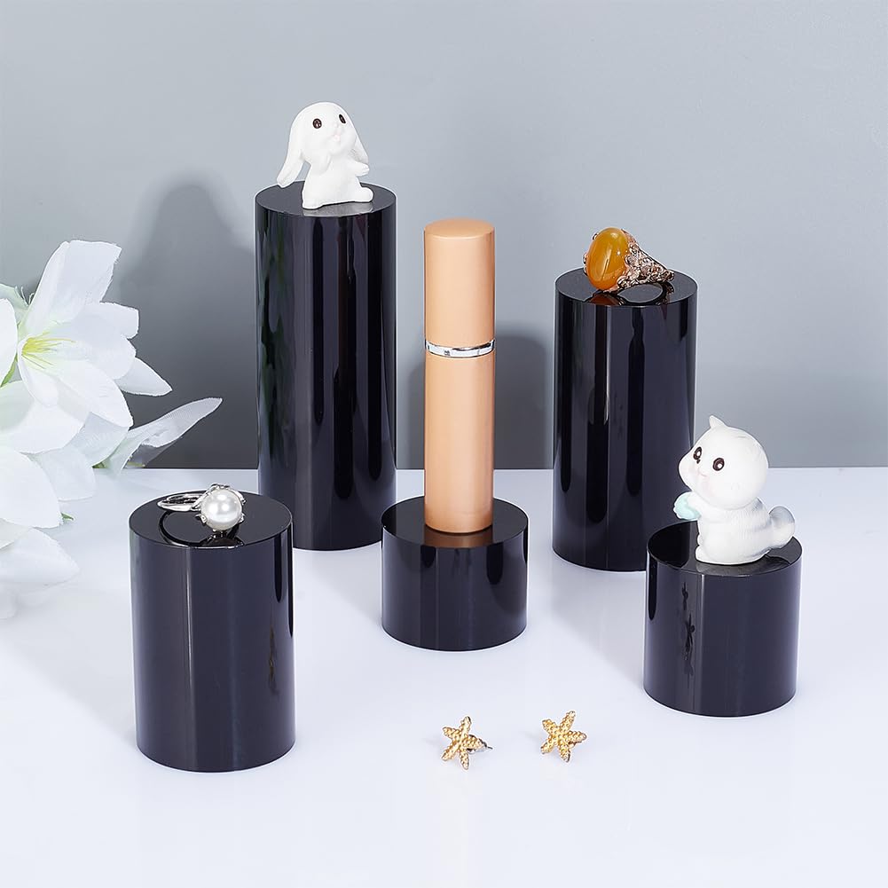 BENECREAT 5Pcs Black Acrylic Display Block 1.2/1.6/2.4/3.2/4 Inch Round Cylinder Solid Display Pedestal Stand for Jewelry Gem Display Pop Figures Cosmetic Showing