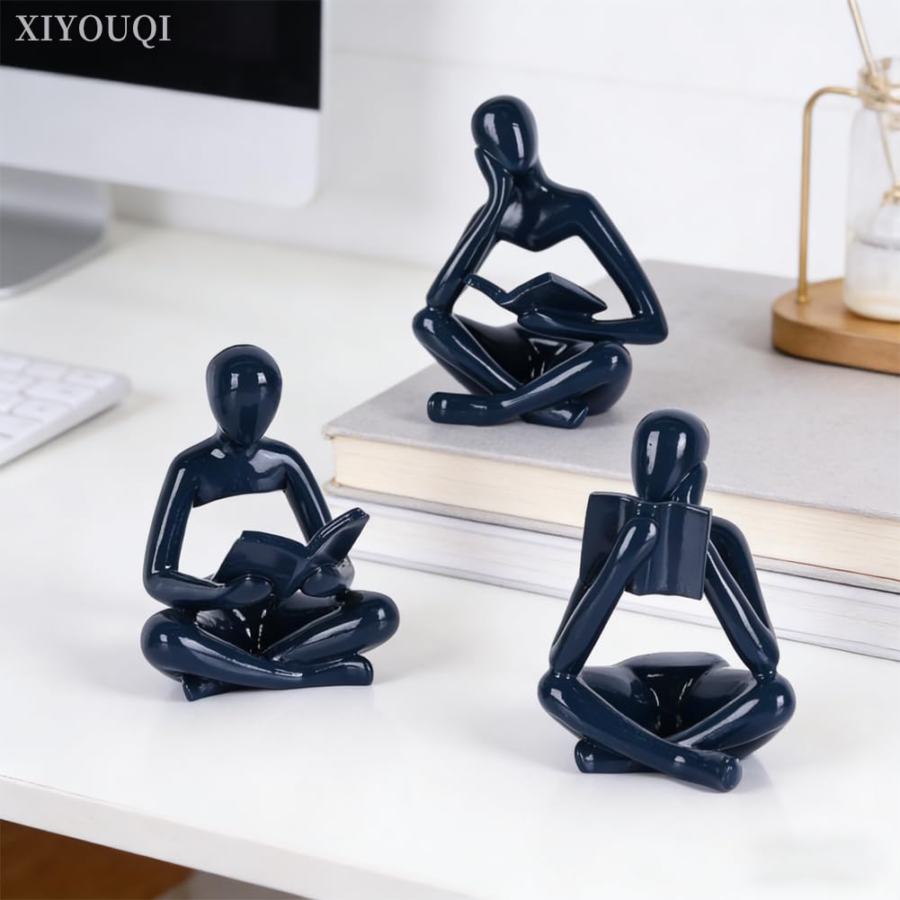 Navy Blue Thinker Statue Set of 3, Glossy Resin Reading Statue Figurines for Coffee Table, Abstract Sculptures Home Decor for Shelf, Desk, TV Console, Modern Blue Room Accents for Living Room Office