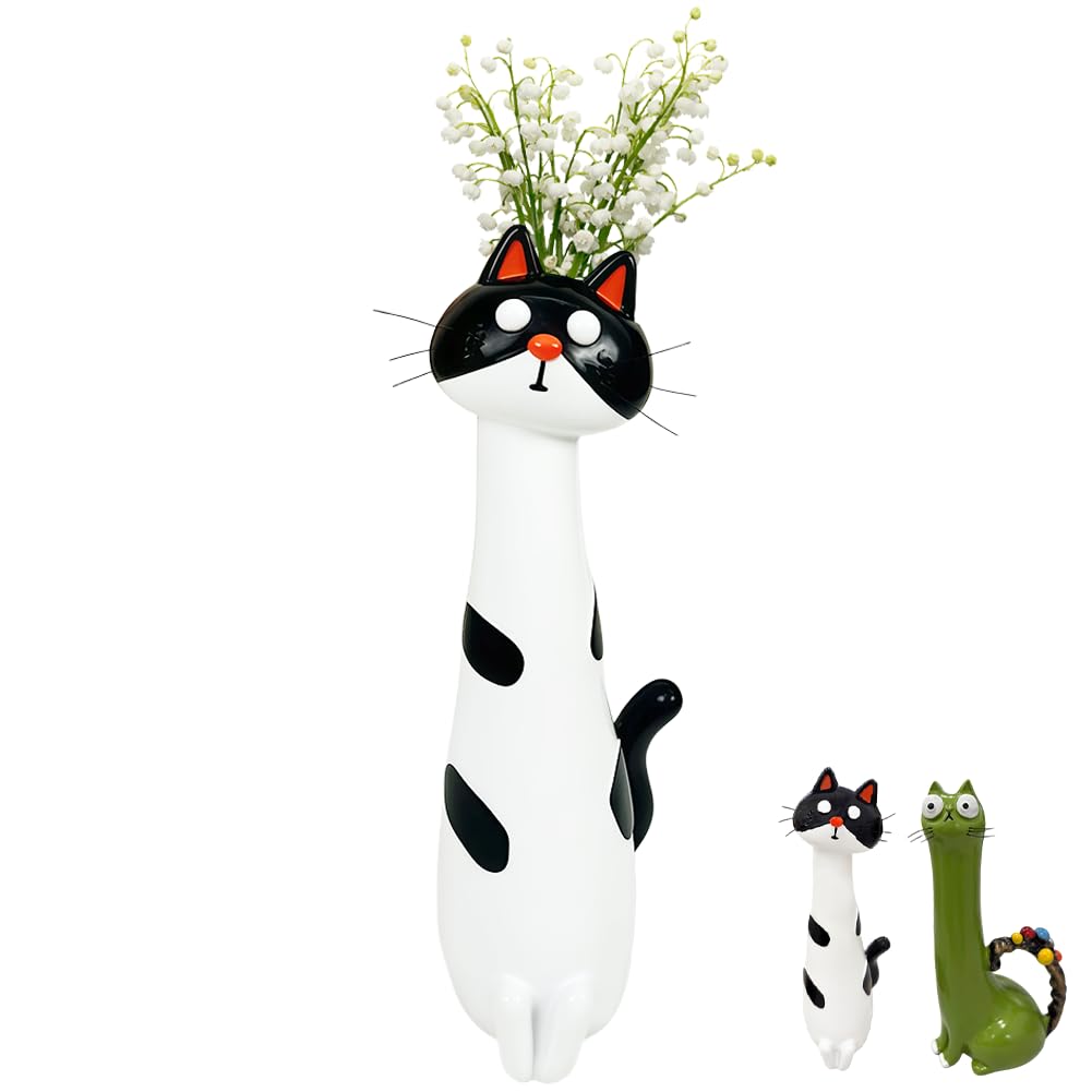 Handcrafted Quirky Cat Vase,Cute Cat Vase Resin Figurine,Small Kitty Planter Decorative Boho Desk Ornament Home Office Bookshelf Flower Pot for Cats Lovers (White)
