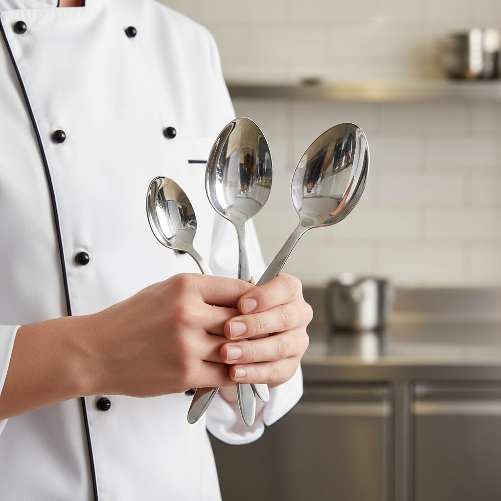 BNAZIND Chef Kunz Spoon |3-Pack| 18/10 Stainless Steel Solid Serving Spoon Set | Cooking Spoons for Basting, Plating, Quenelle (Extra Large Medium and Small, Kunz Regular spoon set (3 piece)