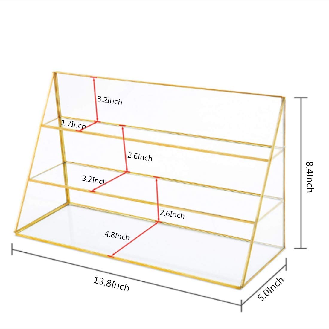 Yamfurvo 3-Tier Glass Triangular Prism Shaped Home or Retail Display Showcases, Jewelry Display Stands with Vintage Style Brass Tone Metal Frame (Large)