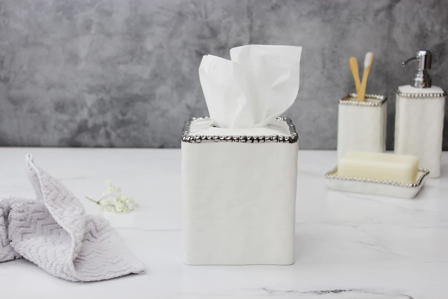 Pampa Bay Vanity Accessories with Silver Beads Square Tissue Box