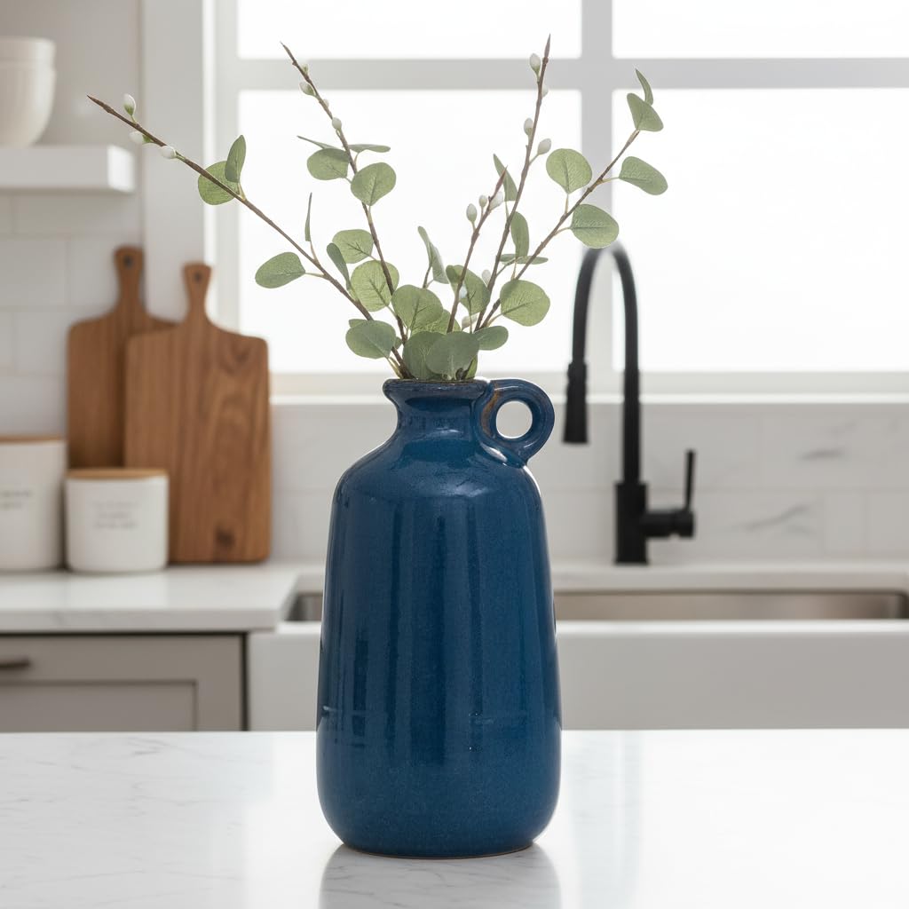 Sunddo Blue Ceramic Flower Vase 10 Inch - Tall Modern Decorative Vase with 1 Handle, Cobalt Blue Decor for Entryway & Mantel, Living Room, Table Decor