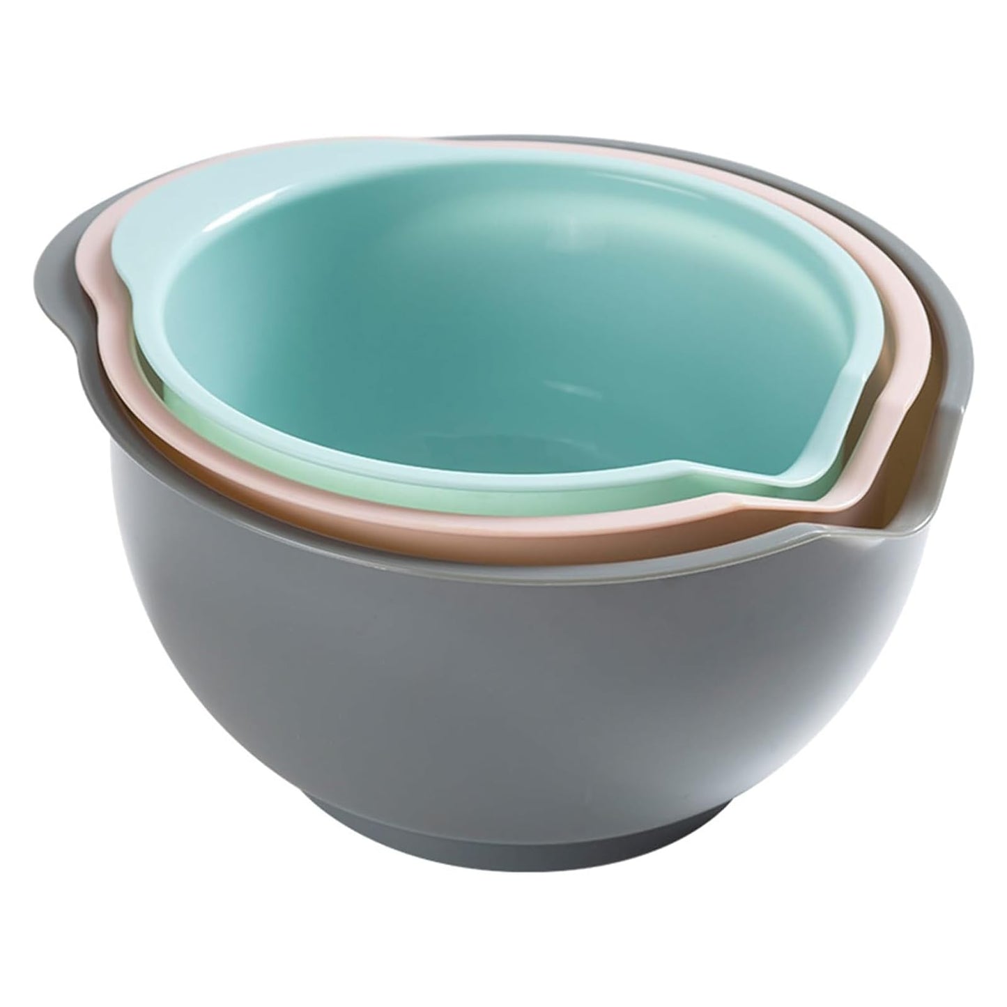 Nesting Plastic Mixing Bowls, Set Of 3, 1.5 quart, 2 quart, 2.5quart, Nesting Bowls with Non Slip Base and Easy Pour Spout, Dishwasher Safe (Green Pink Grey)