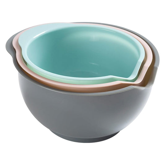 Nesting Plastic Mixing Bowls, Set Of 3, 1.5 quart, 2 quart, 2.5quart, Nesting Bowls with Non Slip Base and Easy Pour Spout, Dishwasher Safe (Green Pink Grey)