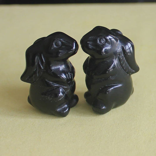 2pcs (Pair Mini Hand Carved Mixed Gemstone Crystal Rabbit Bunny Animal Figurine Animal Carving (Black Obsidian)