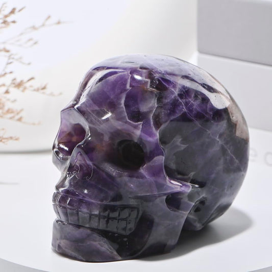 Bmuafry 5''Natural Dreamy Amethyst Crystal Skull Head Hand Carved Reiki Healing Stone Statue Healing Home Office Art Room Decoration