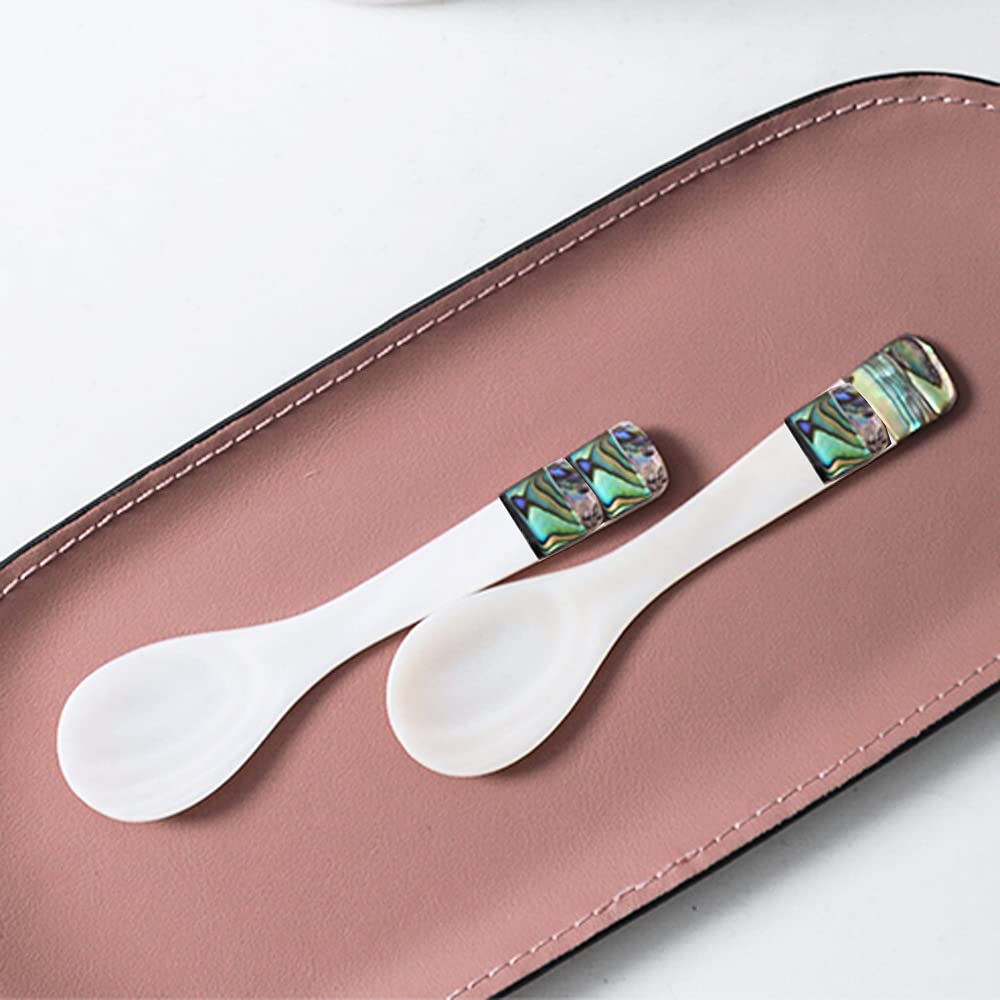 i-lan 6pcs White Mother of Pearl Spoons,Well Polished Inlaid Seashell MOP Teaspoons,Stirring Spoons Utensils with Green Decorative Pattern Handle for Caviar,Egg,Ice cream,Coffee Serving, 4 x 1 inch
