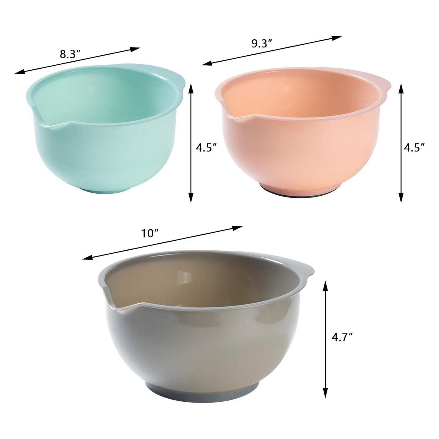 Nesting Plastic Mixing Bowls, Set Of 3, 1.5 quart, 2 quart, 2.5quart, Nesting Bowls with Non Slip Base and Easy Pour Spout, Dishwasher Safe (Green Pink Grey)