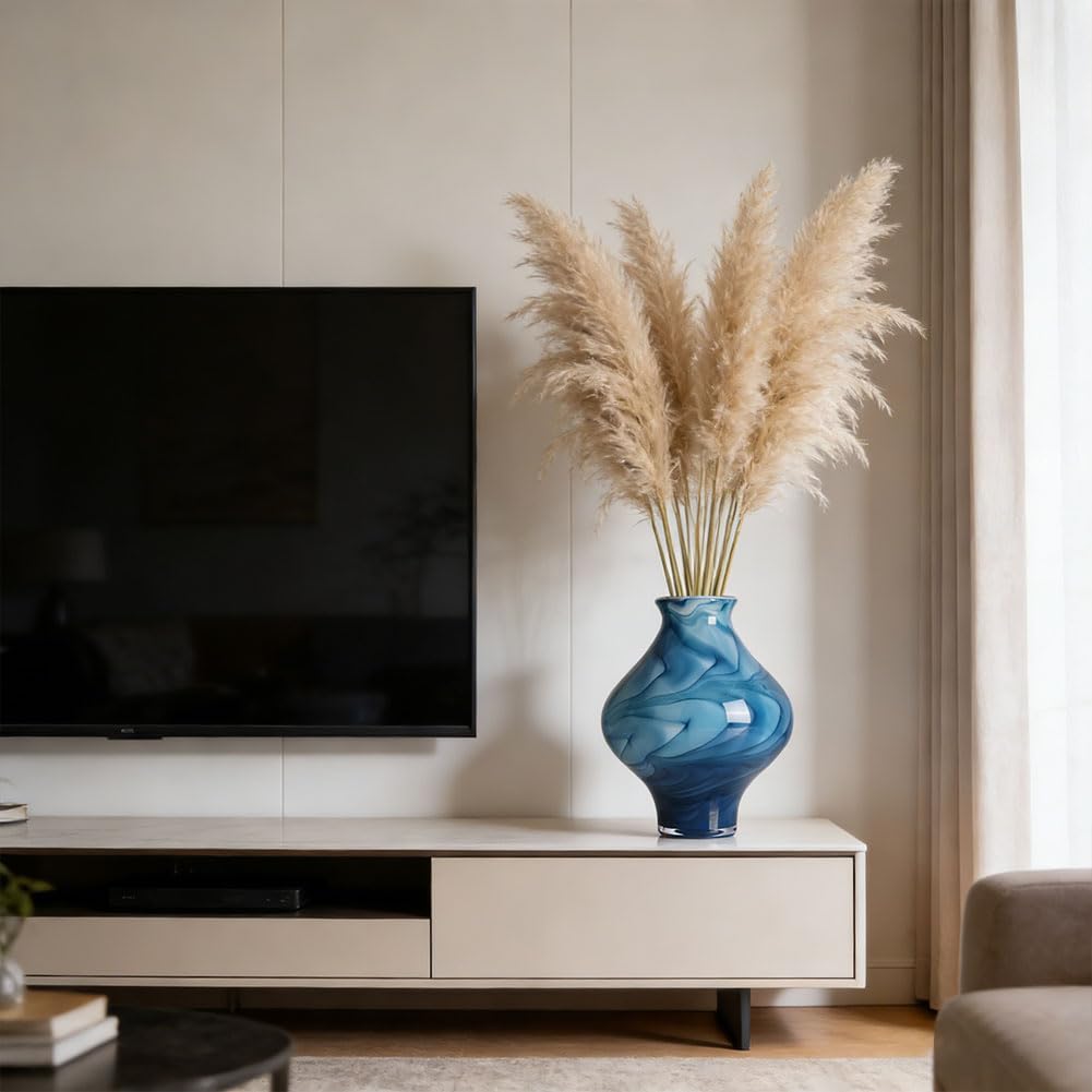 Hand Blown Blue Glass Vase, 9.5" Unique Blue Decor Glass Vases, Modern Hand Blown Glass Vase Decor for Home Living Room, Office, Table centerpieces, Shel, Kitchen, Bathroom Decorative