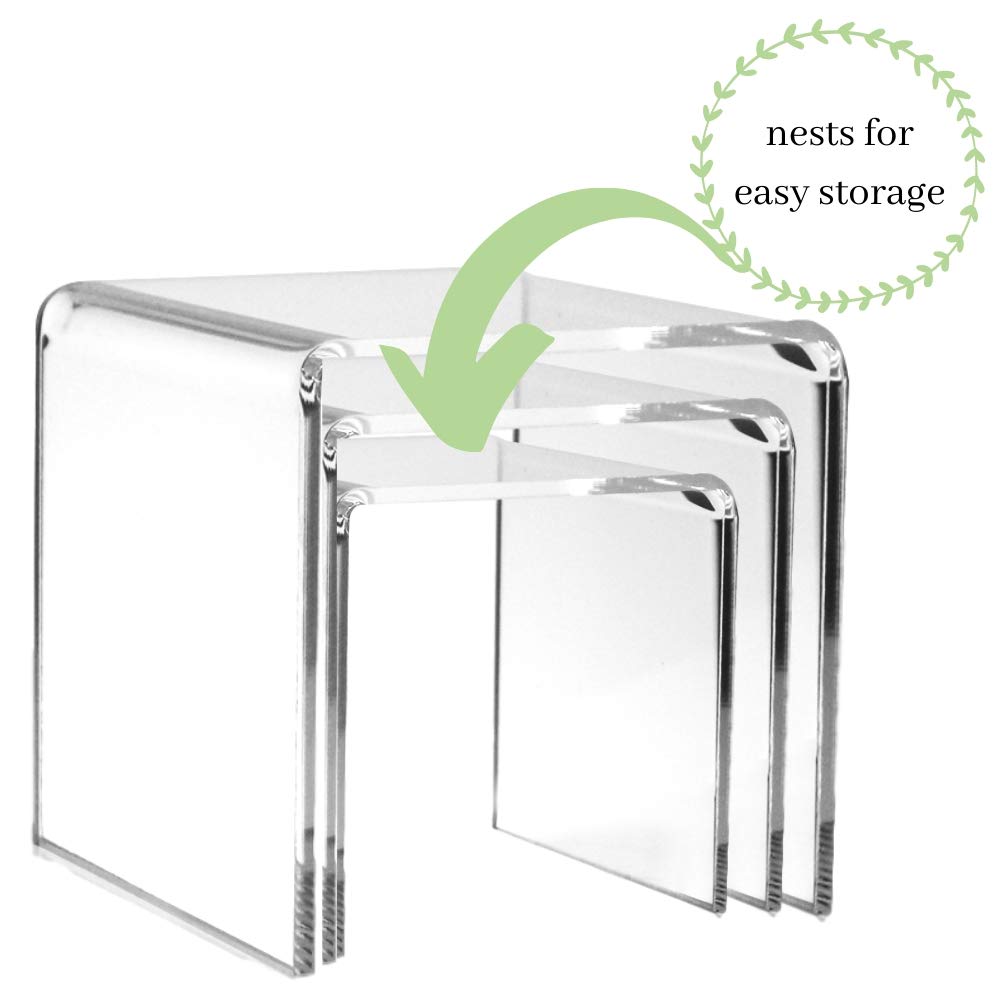 Clear Acrylic Display Risers Set of 3, Assorted 4 5 6 Inch Retail Pedestals, Transparent Tabletop Stands for Jewelry, Figurines, Crafts, Collectibles, Store Fixtures, Dessert Table and Product Displays