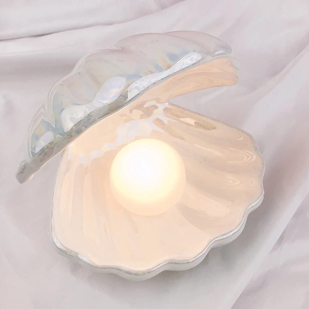 Koolouispoper Ins Japanese Style Ceramic Shell Pearl Night Light Streamer Mermaid Fairy Shell Night Lamp for Bedside Home Decoration Xmas Gift (White)