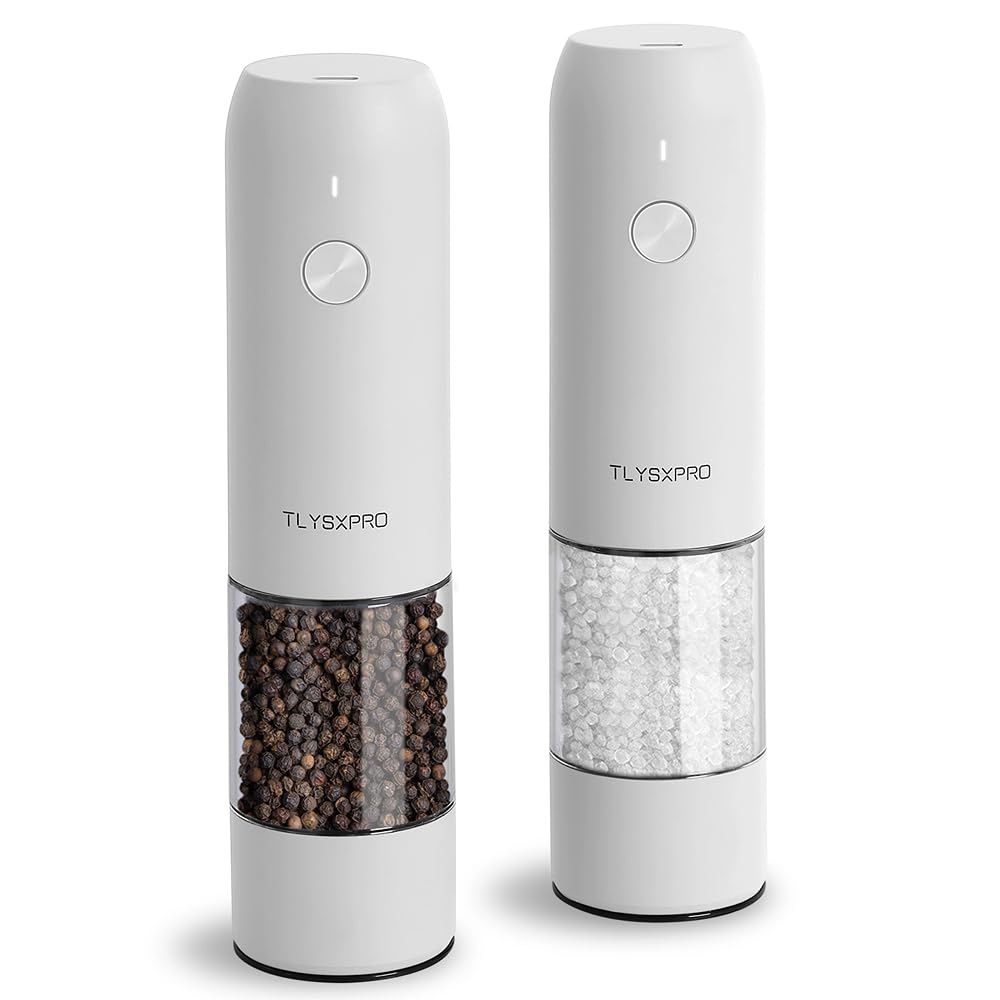 Electric Salt and Pepper Grinder Set, USB Rechargeable, Automatic Salt and Pepper Mill Grinder with Adjustable Coarseness, Electric Salt Shakers, LED Light, Refillable (2 Packs, White)