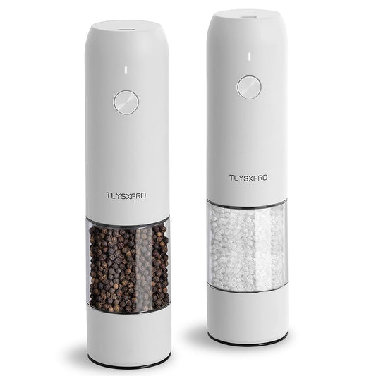 Electric Salt and Pepper Grinder Set, USB Rechargeable, Automatic Salt and Pepper Mill Grinder with Adjustable Coarseness, Electric Salt Shakers, LED Light, Refillable (2 Packs, White)