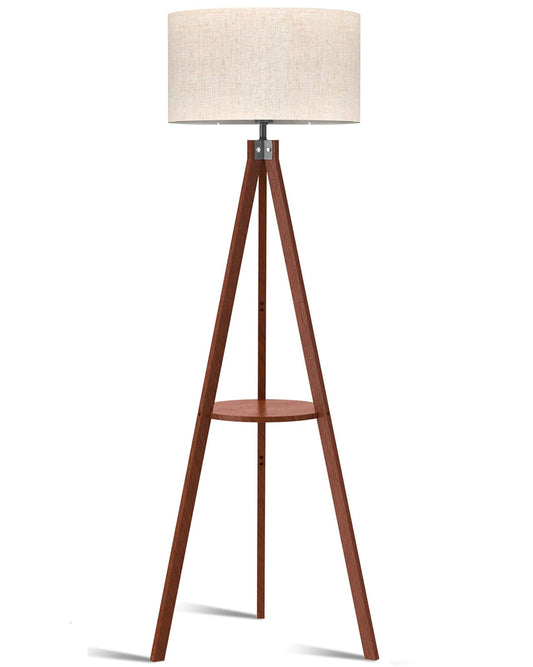 LEPOWER Tripod Floor Lamp, Mid Century Wood Standing Lamp, Modern Design Shelf Floor Lamp for Living Room, Bedroom, Office, Flaxen Linen Shade with E26 Base Brown