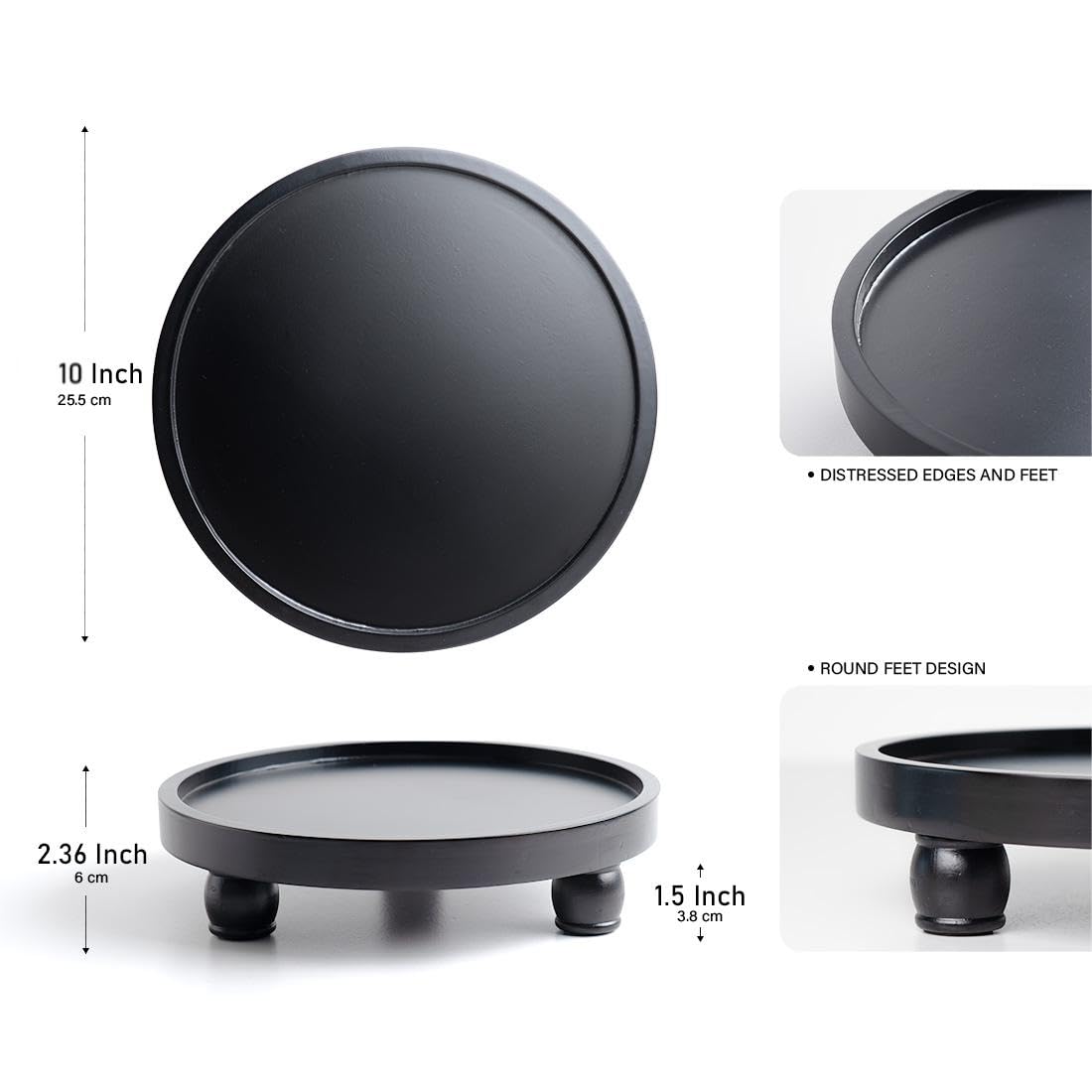ROSE BLOOM 10 Inch Modern Wood Riser for Display, Farmhouse Pedestal Stand for Bathroom Counter, Kitchen Round Display Tray, Waterproof Organizer for Soap Home Decor (Black)