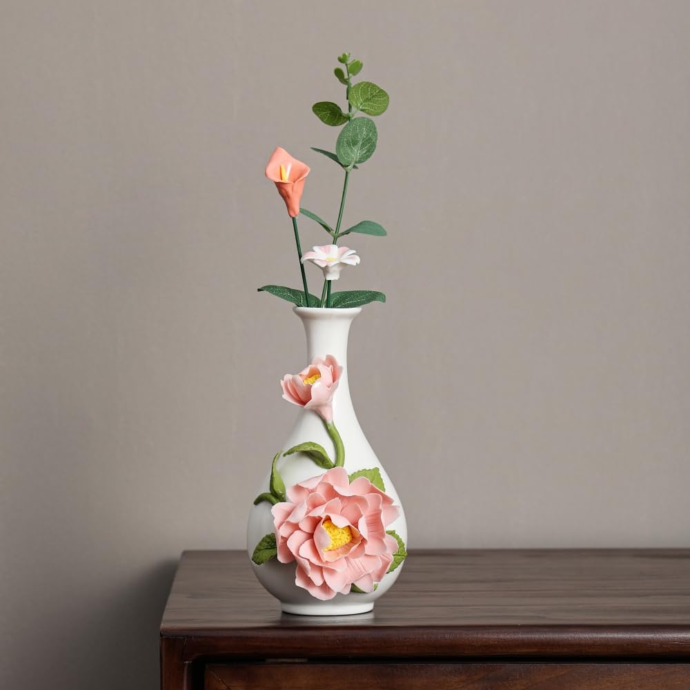 Ceramic Flower Vase Home Decor,Handmade Flowers Ceramic Aesthetic Flower for Home,Living Room,Dining Table,Farmhouse,Office Decor,Bedroom,Table and Kitchen Shelf (Pink, Style B)