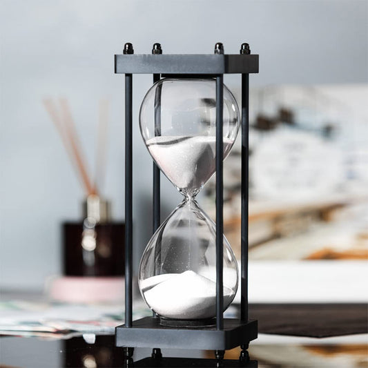 Large Hourglass Timer 60 Minute, Decorative Black Frame Sandglass with White Sand