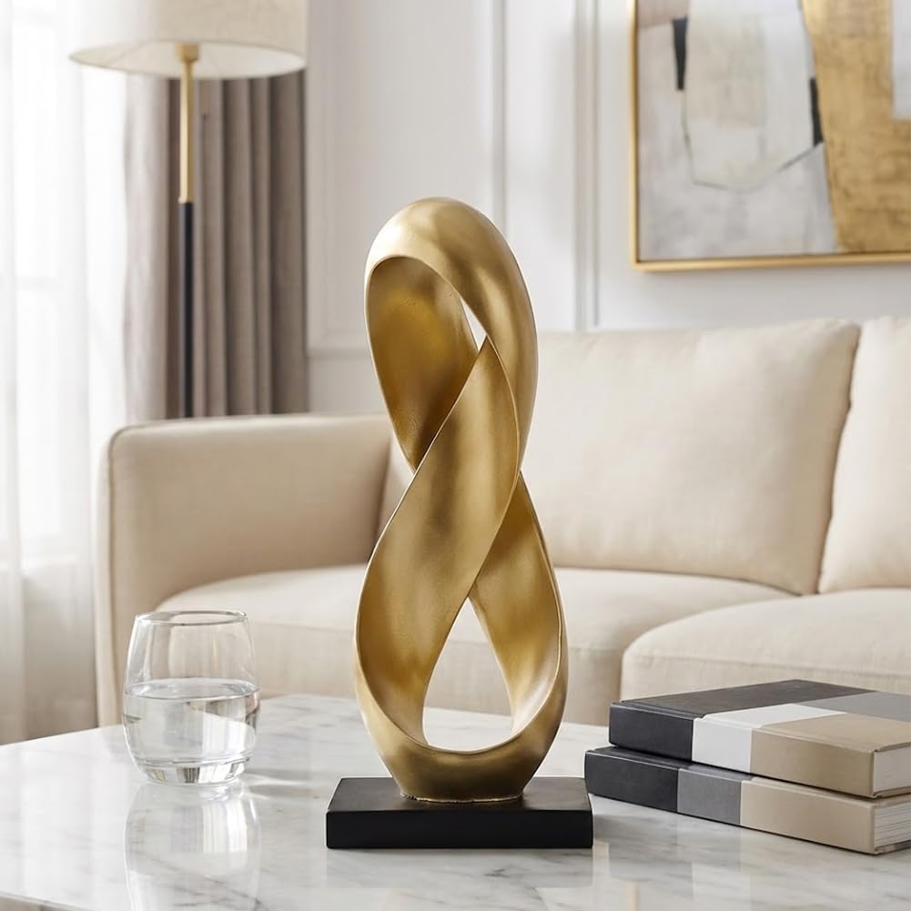 XIYOUQI Large Gold Knot Decor Statue 14.6in Tall, Resin Geometric Tabletop Sculpture for Coffee Table, Gold Statue Decor for Shelves Mantel, Modern Decorative Object Home Accent
