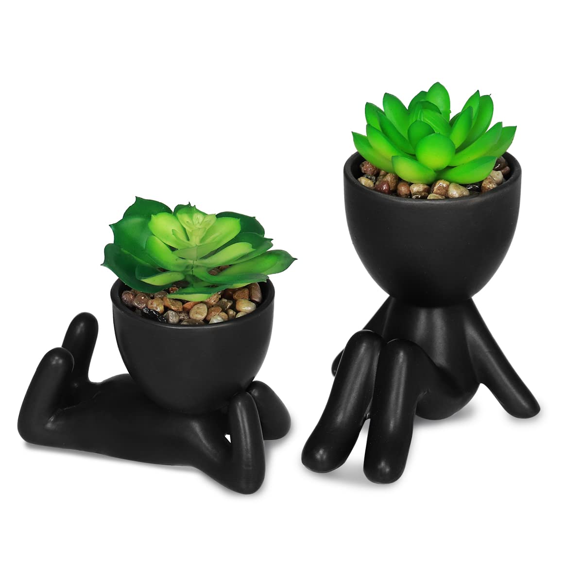 Zerzsy 3pcs Creative Artificial Succulents with Gray Flower Pots Bundle with 2PCS Cute Artificial Succulent Plants with Creative Human Shaped Pots
