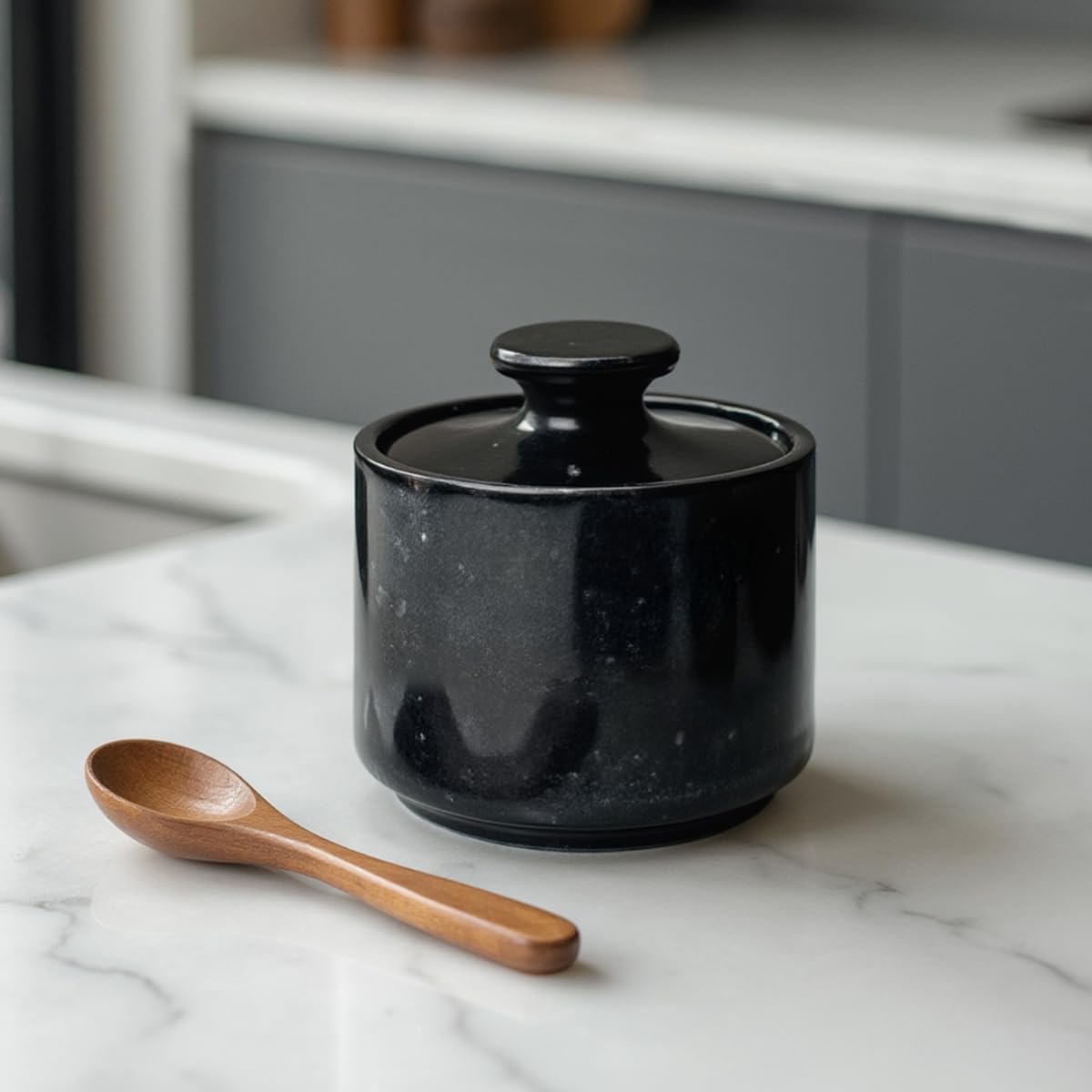 Marmor Krafts Handcrafted 3-Inch Black Single Marble Salt Cellar with Lid | Elegant Kitchen Decor, Salt Keeper Bowl, Spice Jar | Perfect for Flaky Sea Salt & Himalayan Pink Salt