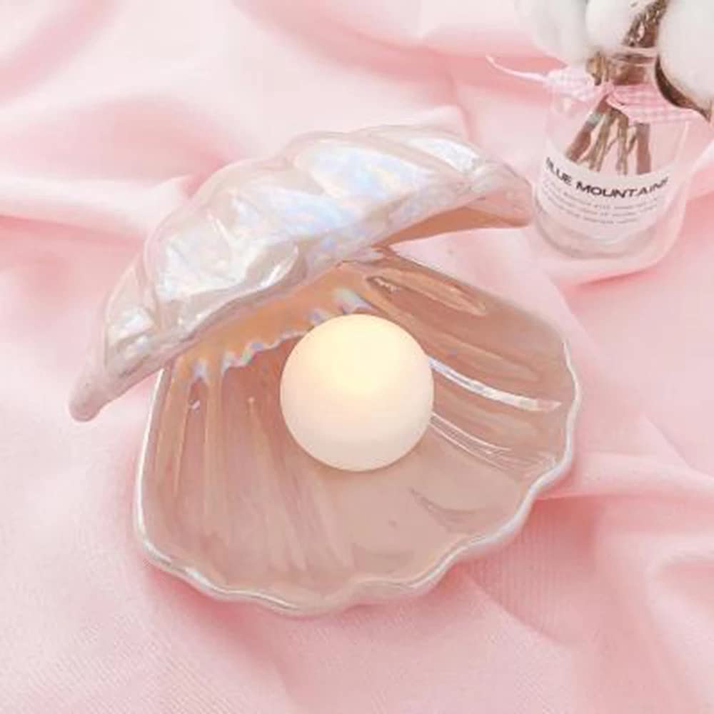 Koolouispoper Ins Japanese Style Ceramic Shell Pearl Night Light Streamer Mermaid Fairy Shell Night Lamp for Bedside Home Decoration Xmas Gift (White)