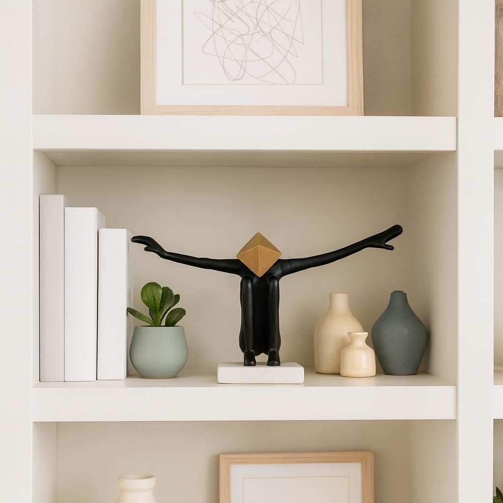 Modern Home and Office Statue for Living Room – Abstract Metal and Marble Figurative Sculpture with Pyramid Head – Elegant Accent for Bedroom, Bathroom, Coffee Table, and Shelf Decor – 8" Black & Gold