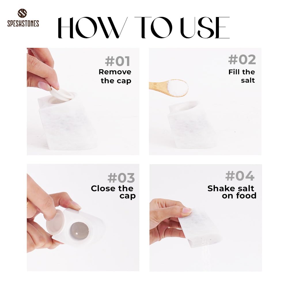 SPESHSTONES Marble Salt and Pepper Shakers 2.5 Inch Handmade White Salt and Pepper Containers for Dining Table Décor - Modern Salt Shakers for Kitchen Counter, Seasoings Salt & Spice Shaker Sets