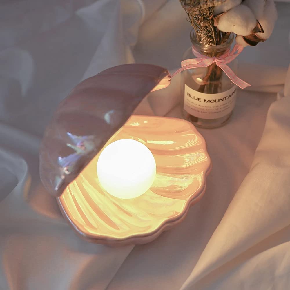 Koolouispoper Ins Japanese Style Ceramic Shell Pearl Night Light Streamer Mermaid Fairy Shell Night Lamp for Bedside Home Decoration Xmas Gift (White)