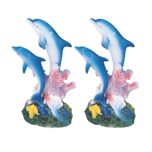 ICE ARMOR 2-PC Gift Set 5" H Blue Dolphins Swimming Around Pink Coral Figurine Statue Ornament Home Room Office Decor Ideas for Housewarming, Holidays and Birthdays