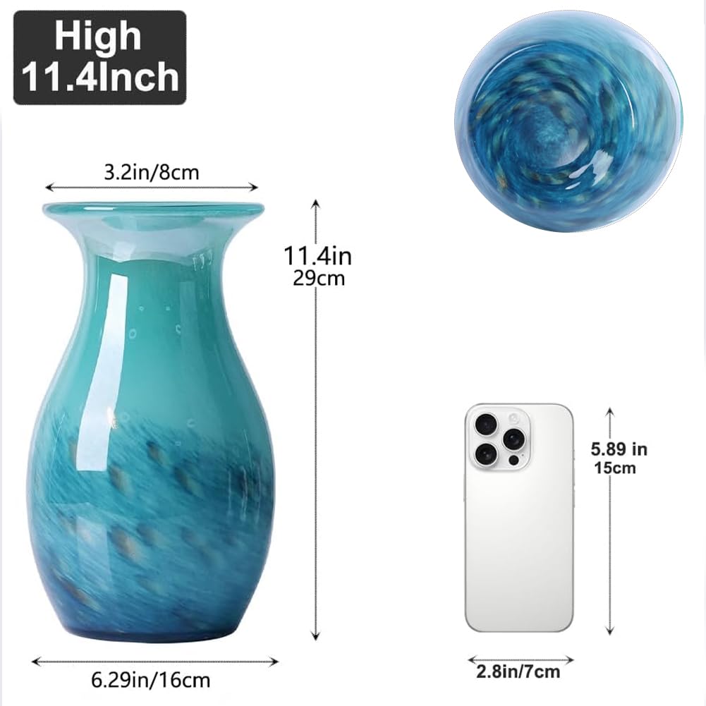 Teal Glass Vase – 11.4in Hand Blown Wide Mouth Art Glass Vase – Turquoise Decorative Vase for Flowers, Centerpieces, Bookshelf, Bathroom, Dining Table or Living Room Display