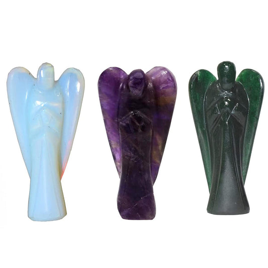 2 inches Natural Gemstone Guardian Angel Hand Curved | 15 Choices | Gemstones Crystal Prayer Angel | Home Protection | Pocket Crystal Angel (Opalite + Amethyst + Green jade)