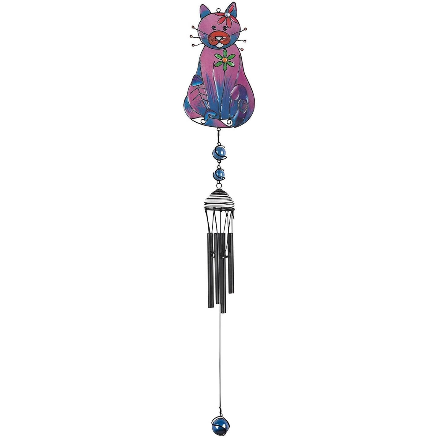 2-PC Gift Set ICE ARMOR 30" Long Purple Cat with Fish Bone Black Gem Wind Chime Figurine Statue Sculpture Ornament Decoration Home/Room/Garden Decor for Housewarming, Holidays, Christmas Special