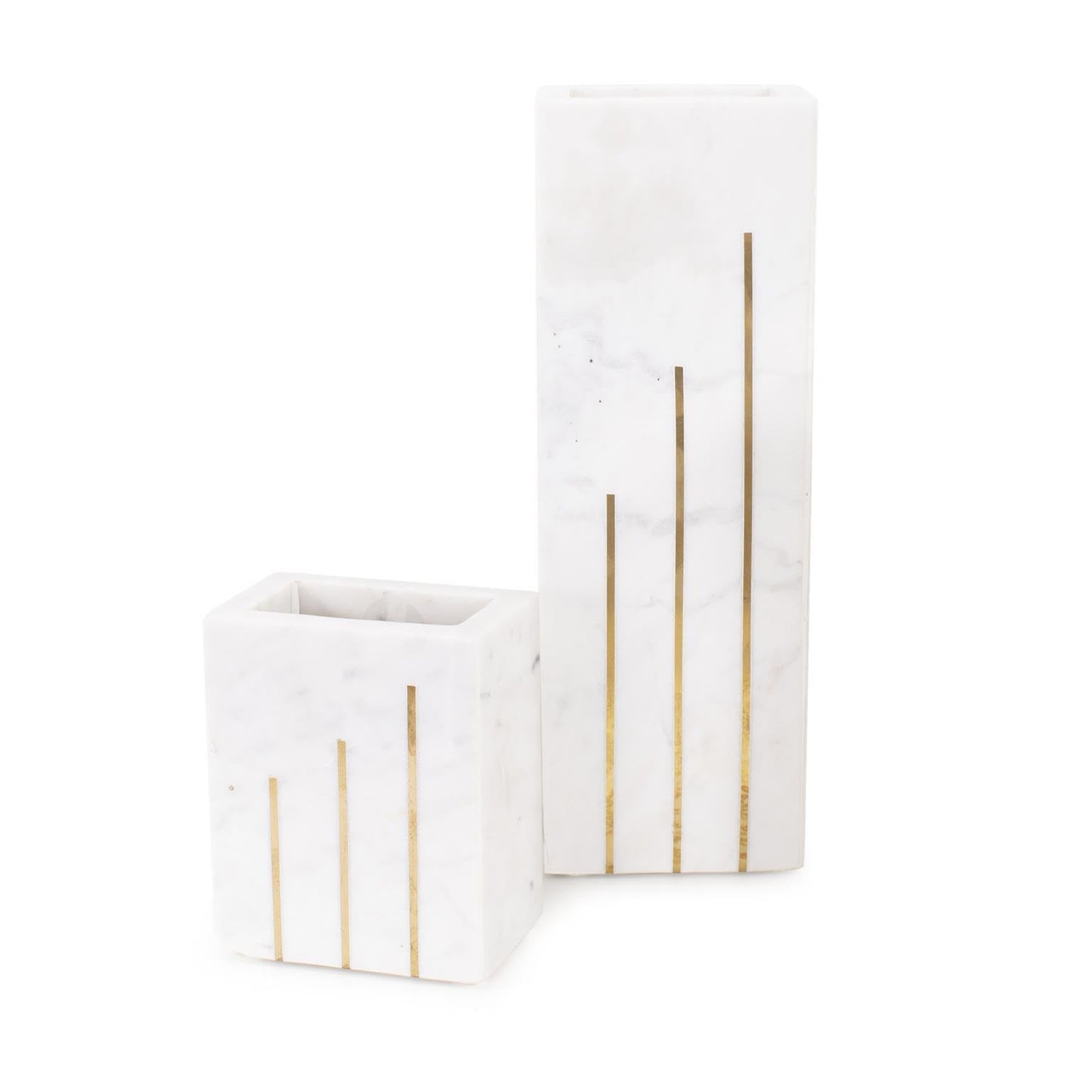 Howard Elliott Collection Brunner Marble Decorative Vase with Brass Inlay Accents, Rectangular Modern Flower Vase for Table, Shelf or Mantel Display, Water-Holding Design, 5x3x4 Inch, White Brass