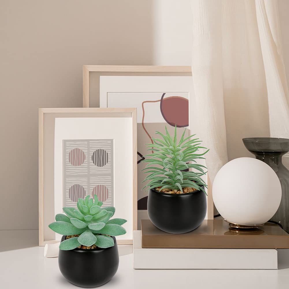 Briful 3PCS Artificial Succulents Fake Plants Mini Succulents Potted in Black Ceramic Pots Artificial Plastic Plants for Home Office Desk Farmhouse Bathroom Décor
