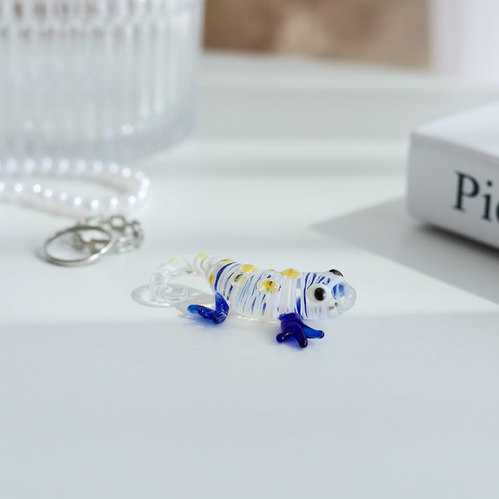 M Audomsak Hand-Blown Art Glass Gecko Figurine – Mini Yellow-Spotted Collectible with Blue Legs, Home Décor & Gift