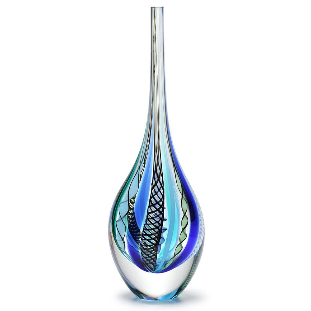 Ca D Oro Drop Glass Vase Boho with Blue/Green Canes Hand Blown Murano-Style Art Glass - Model Tall