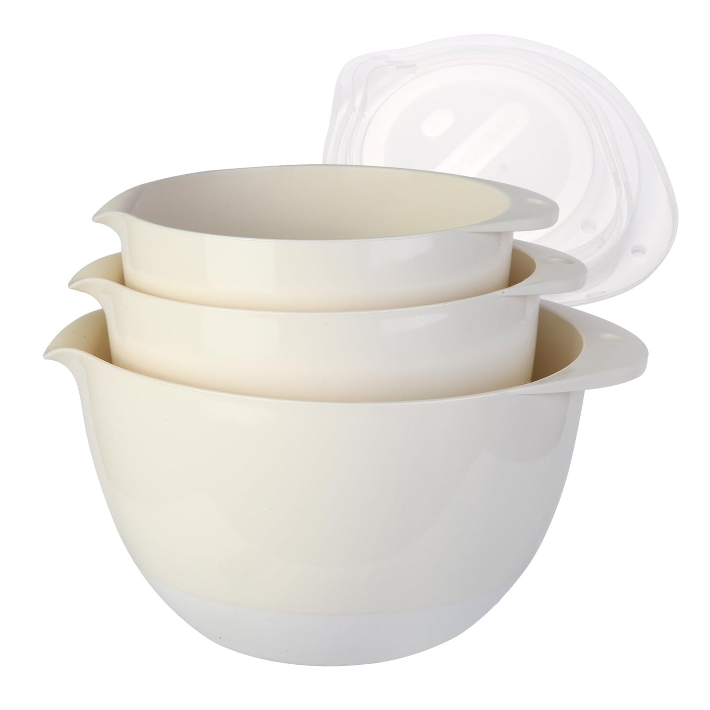 JCXivan 3 Plastic Mixing Bowls with Pour Spout,Lids and TPR Non-Slip Bottom,Small Nesting Batter Bowl Set for Kitchen Prep,Baking,Storage,BPA Free,Easy to Grip,1.5Qt,2Qt,3Qt,White