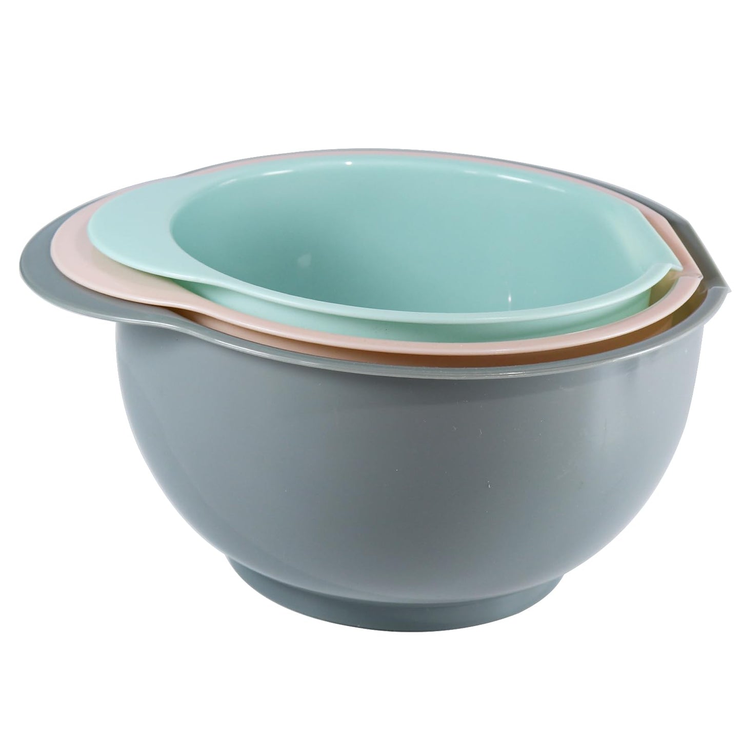Nesting Plastic Mixing Bowls, Set Of 3, 1.5 quart, 2 quart, 2.5quart, Nesting Bowls with Non Slip Base and Easy Pour Spout, Dishwasher Safe (Green Pink Grey)