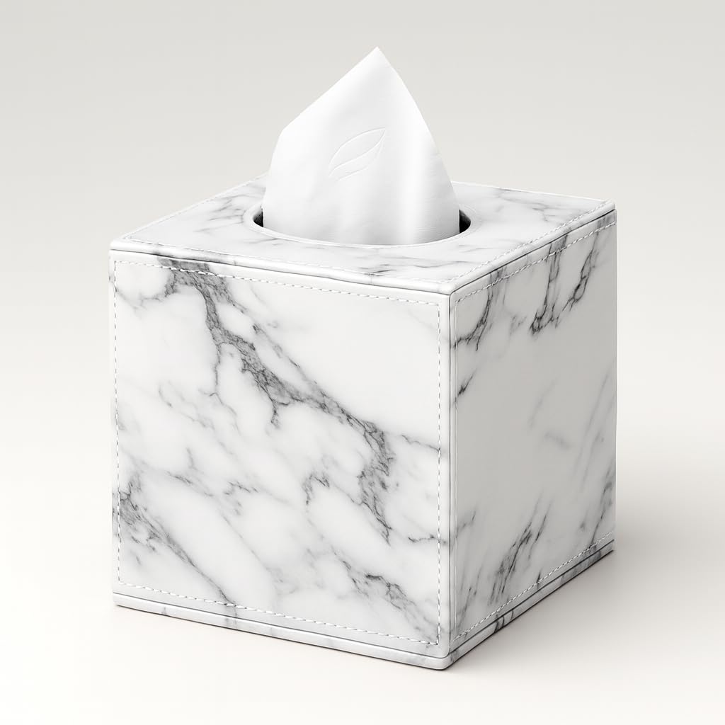 Luxury PU Leather Tissue Box Cover for Kleenex– Marble White Stylish Cube Dispenser for Home, Office, Car, Hotel – Square Tissue Holder with Magnetic Bottom