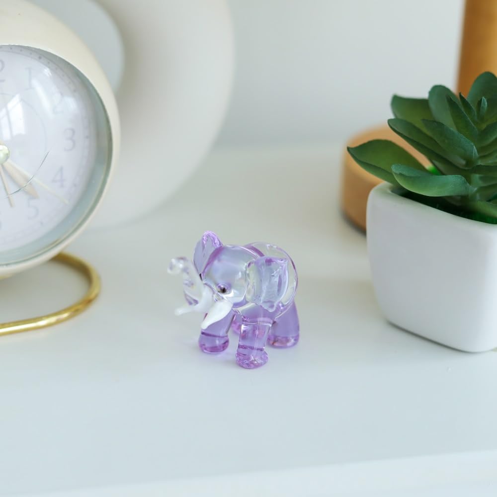 M Audomsak Hand-Blown Purple & Clear Art Glass Elephant Figurine – Handmade Mini Collectible, Symbol of Wisdom & Good Fortune, Unique Birthday, Home Decor & Thai Souvenir