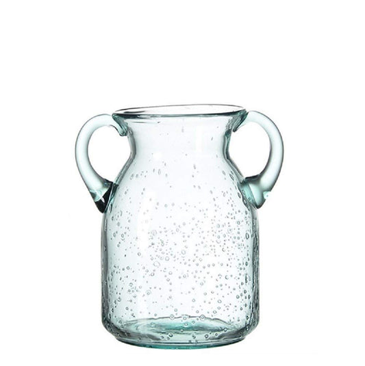 Flower Vase Glass Elegant Double Ear Decorative Handmade Air Bubbles Bluish Color Glass Vase for Centerpiece Home Decor (Small)
