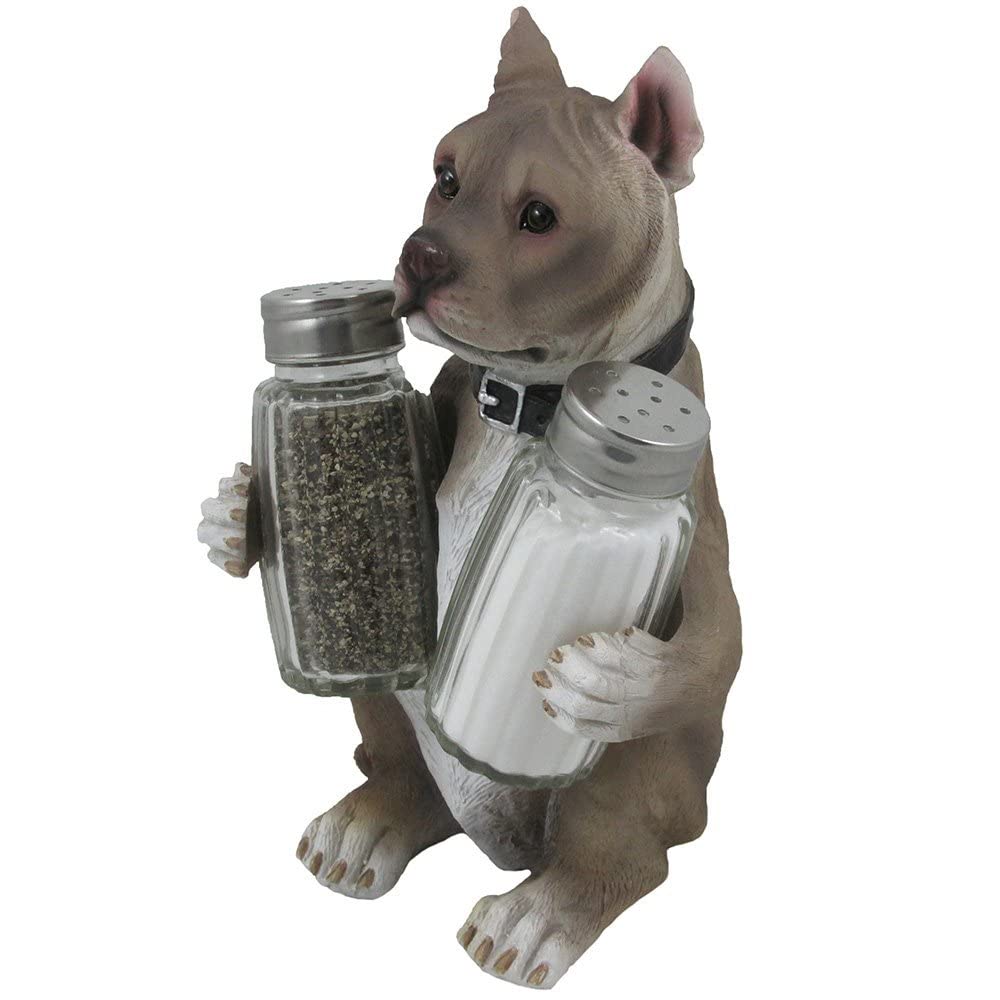 Decorative Pit Bull Glass Salt and Pepper Shaker Set with Holder Figurine in Dog Statues & Sculptures and Pitbull Kitchen Table Decor Gifts for Pet Lovers
