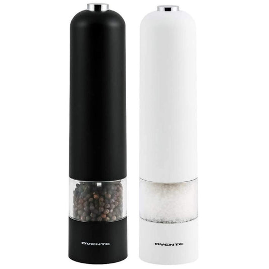 OVENTE Set of 2 Electric Salt & Pepper Mill Grinder, Battery Powered Stainless Steel Blades Automatic One Handed Operation with light and Adjustable Coarseness, Black and White SPD102BW