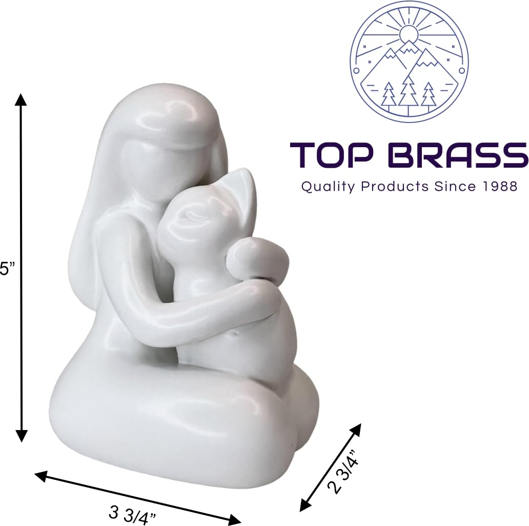 Top Brass Girl Hugging Cat Figurine/Kitty Love Statue – 5” Tall Ceramic Stoneware Simple Modern Pet Friendship Decor