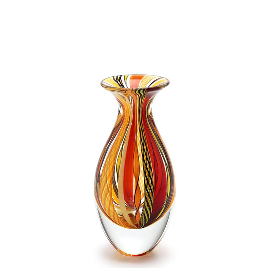 Ca D Oro Small Glass Vase Boho with Red/Yellow Canes Hand Blown Murano-Style Art Glass - Model Nº 2