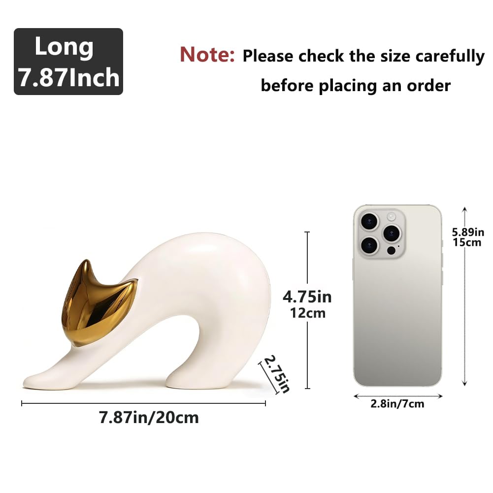 XIYOUQI Cat Statues Home Decor White Ceramic Cat Figurine, Gold Cat Figurine Accent, Modern Cat Sculpture 7.9in, Desk Cat Statue for Office Shelf
