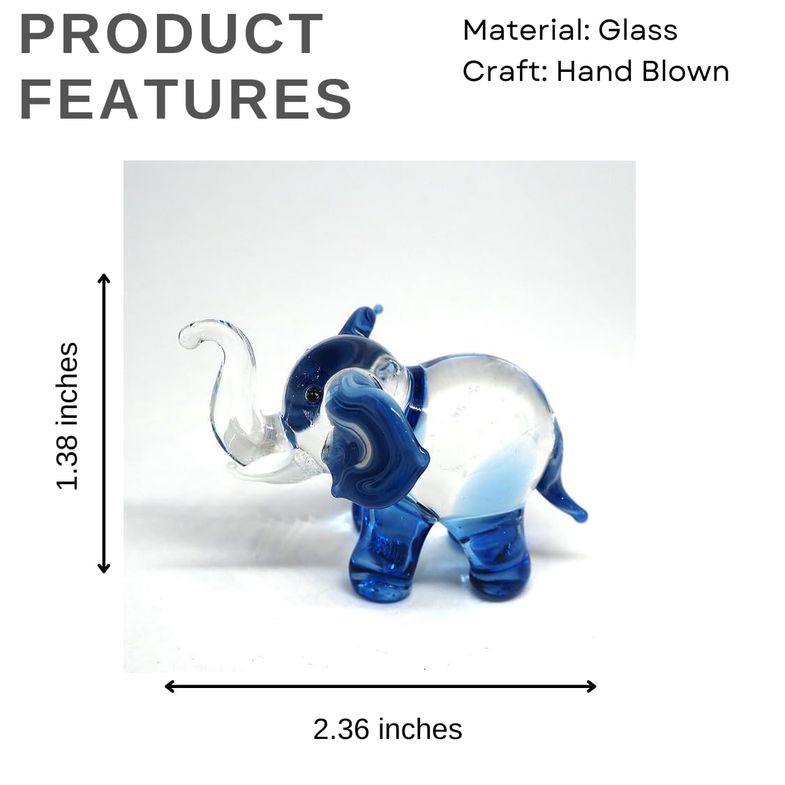ZOOCRAFT Lucky Elephant Figurines Blue Hand Blown Art Glass Collectible Animal Ornament Gift Decor, 1.5 x 2.5 x 1.8 inches